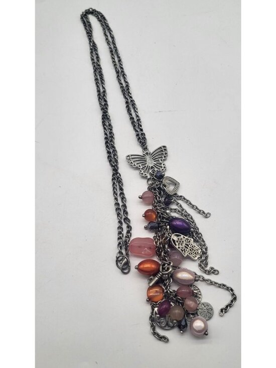 No Brand Jewelry - Fairy Whimsical Boho Silver Tone Dangle Charm Necklace Butterfly Hamsa Peace